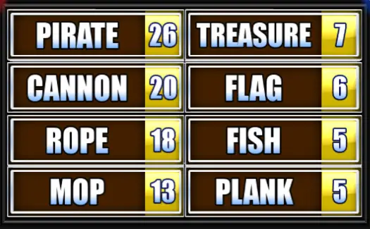 Pirate, Cannon, Rope, Mop, Treasure, Flag, Fish, Plank