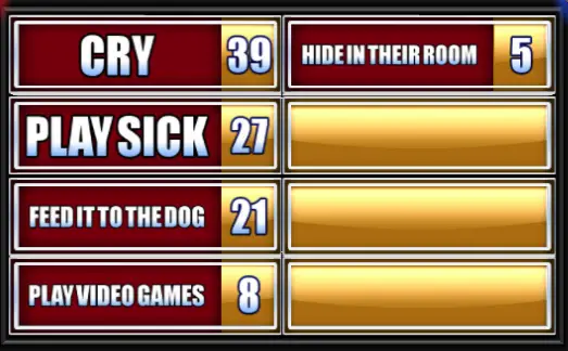 Cry, Play Sick, Feed The Dog, Play Video Games, Hide