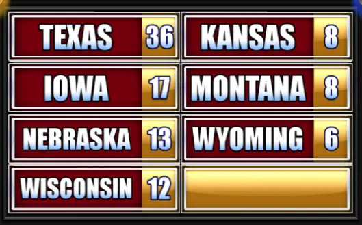 Texas, Iowa, Nebraska, Wisconsin, Kansas, Montana, Wyoming